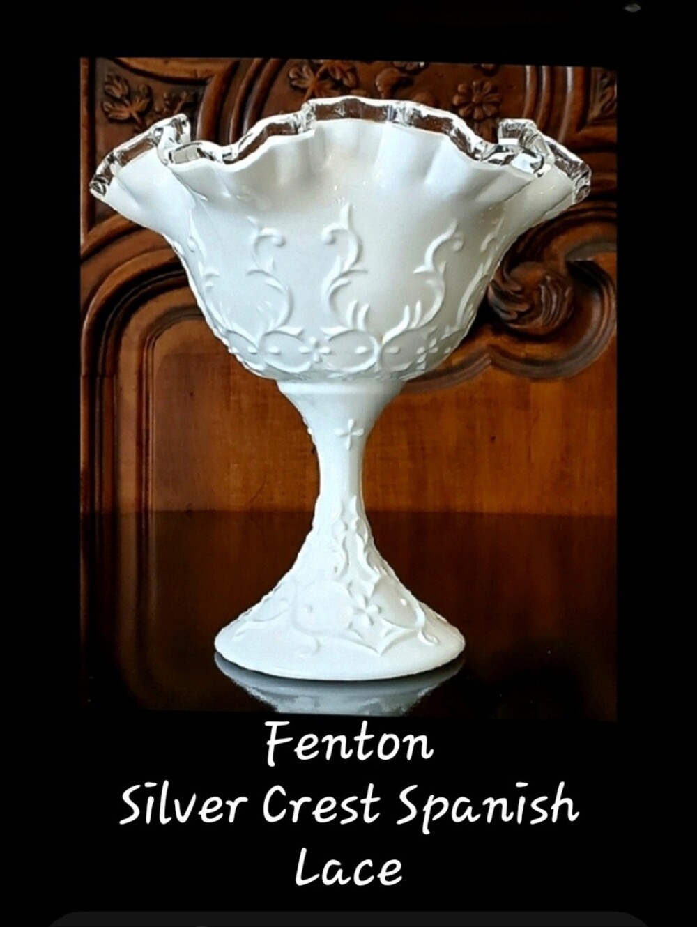Vntg "Silver Crest Spanish Lace" White 6 5/8" Glass Compote by Fenton